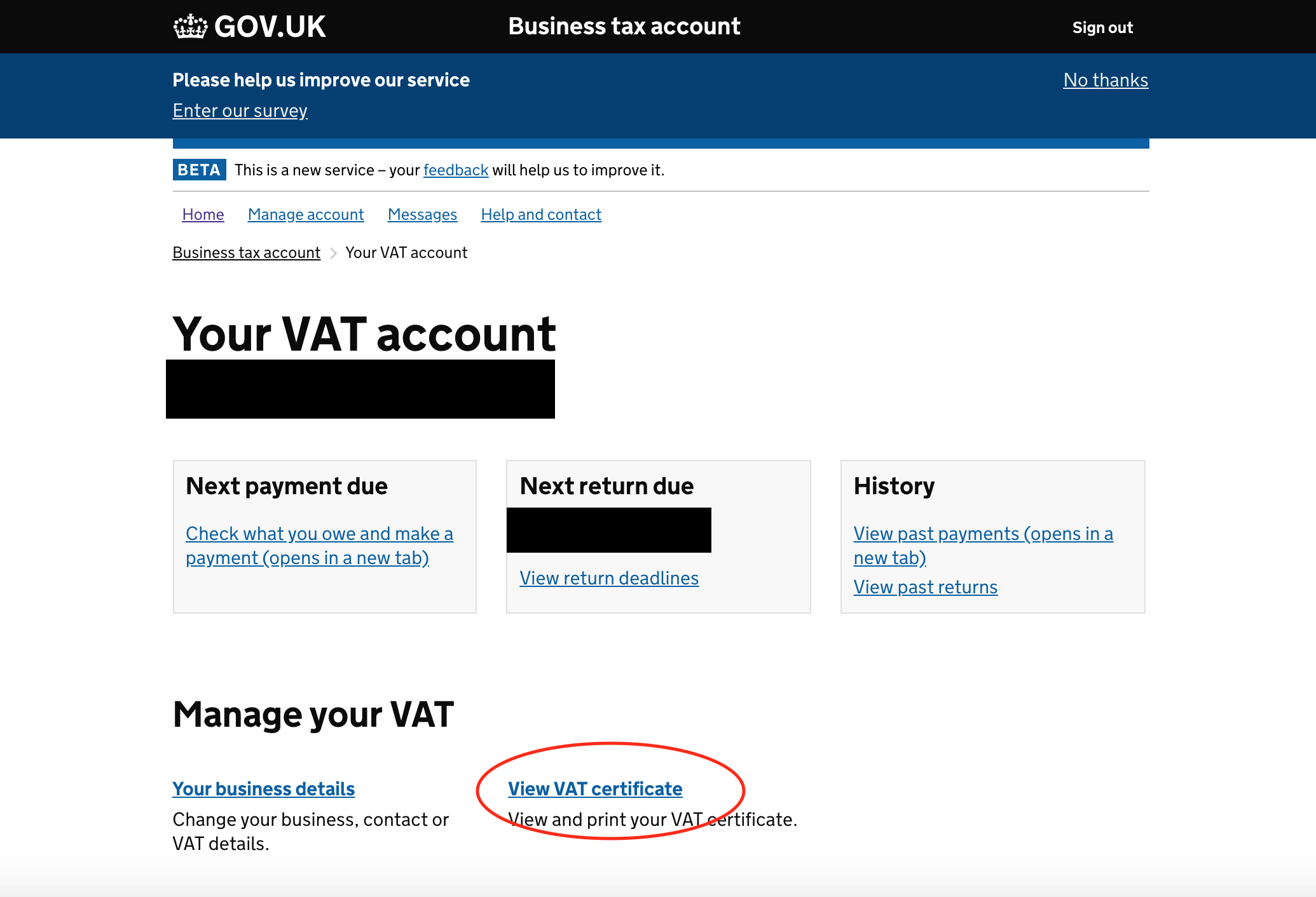 Your VAT account page for viewing VAT certificate