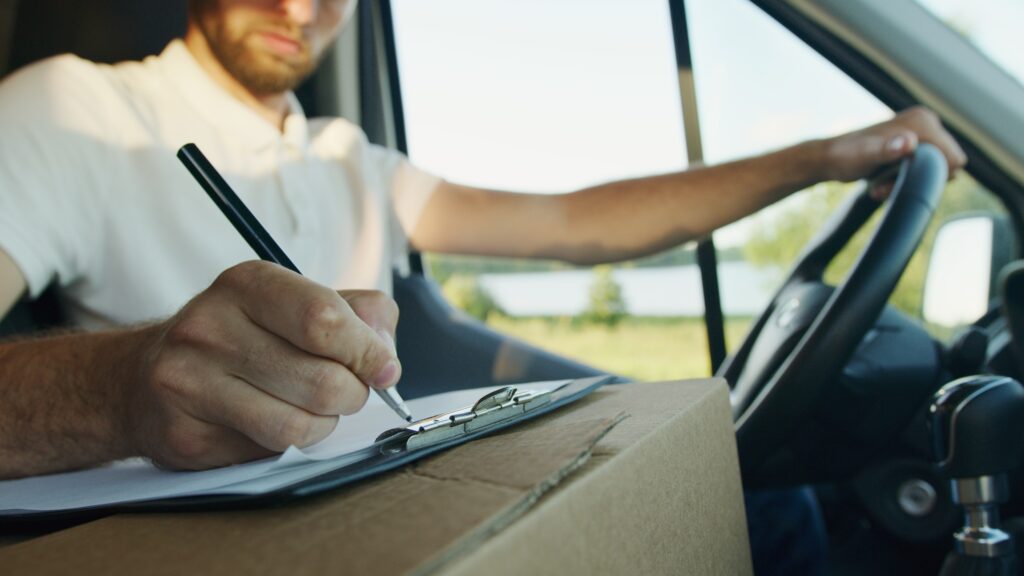 2021 VAT changes - man with arm on the wheel writing on a notepad on a delivery box