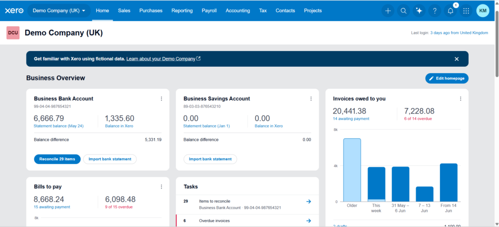 Xero demo dashboard