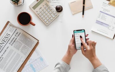 Busy desk with business person